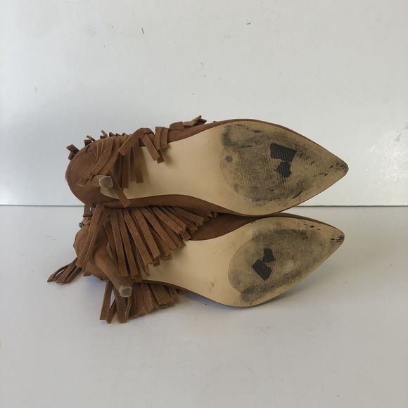 Nine West Brown Suede Western Booties Fringe Ankle Faux Suede Pointed Toe Size 6 - Picture 9 of 13